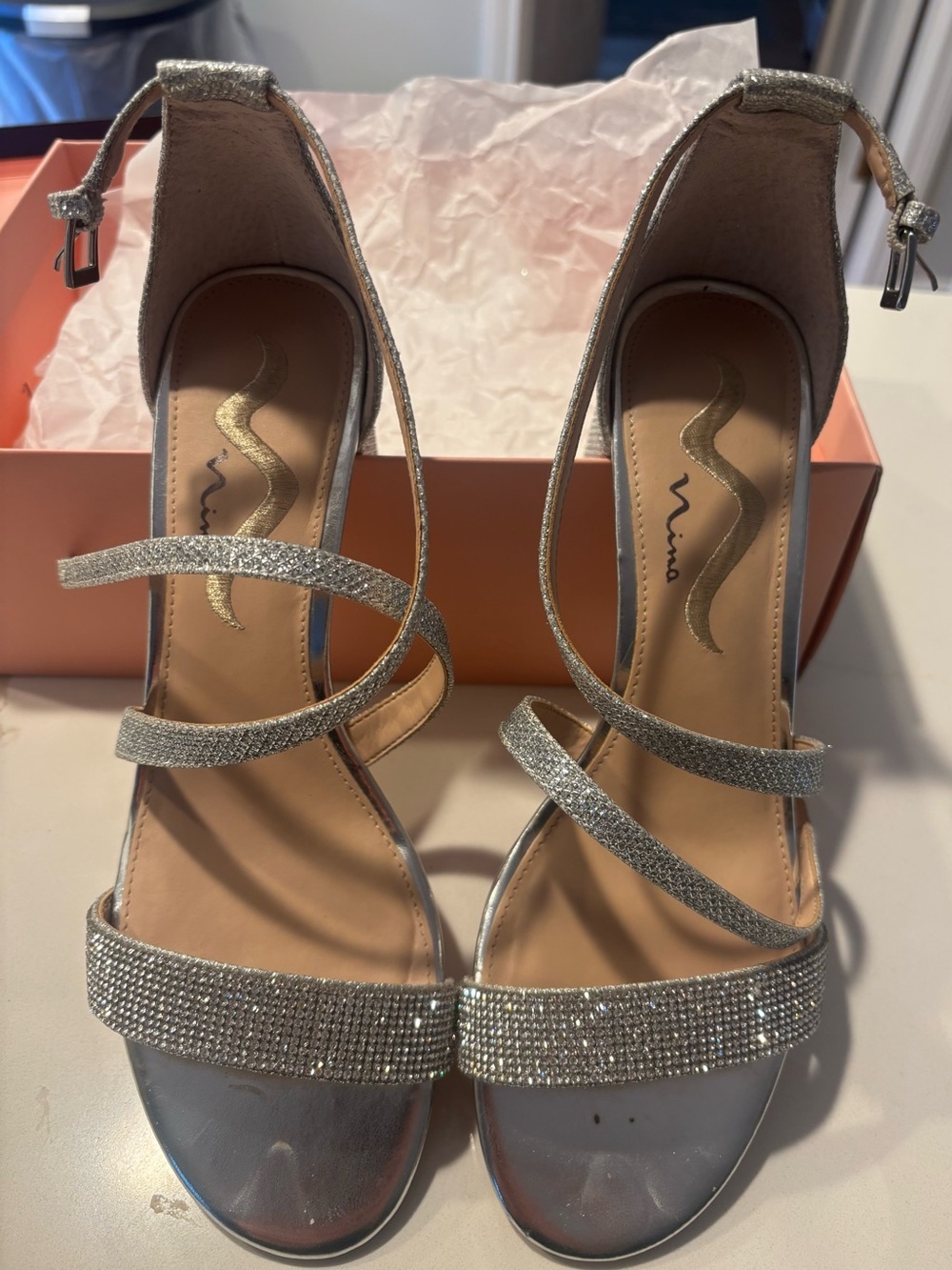Nina Silver Rhinestone Strappy Heels